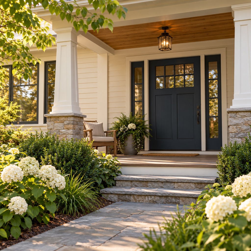 AI-generated illustration of a welcoming front porch with a navy door and flowering garden