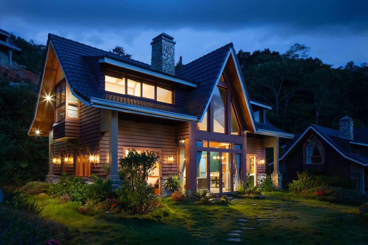 Illustrative home exterior at dusk